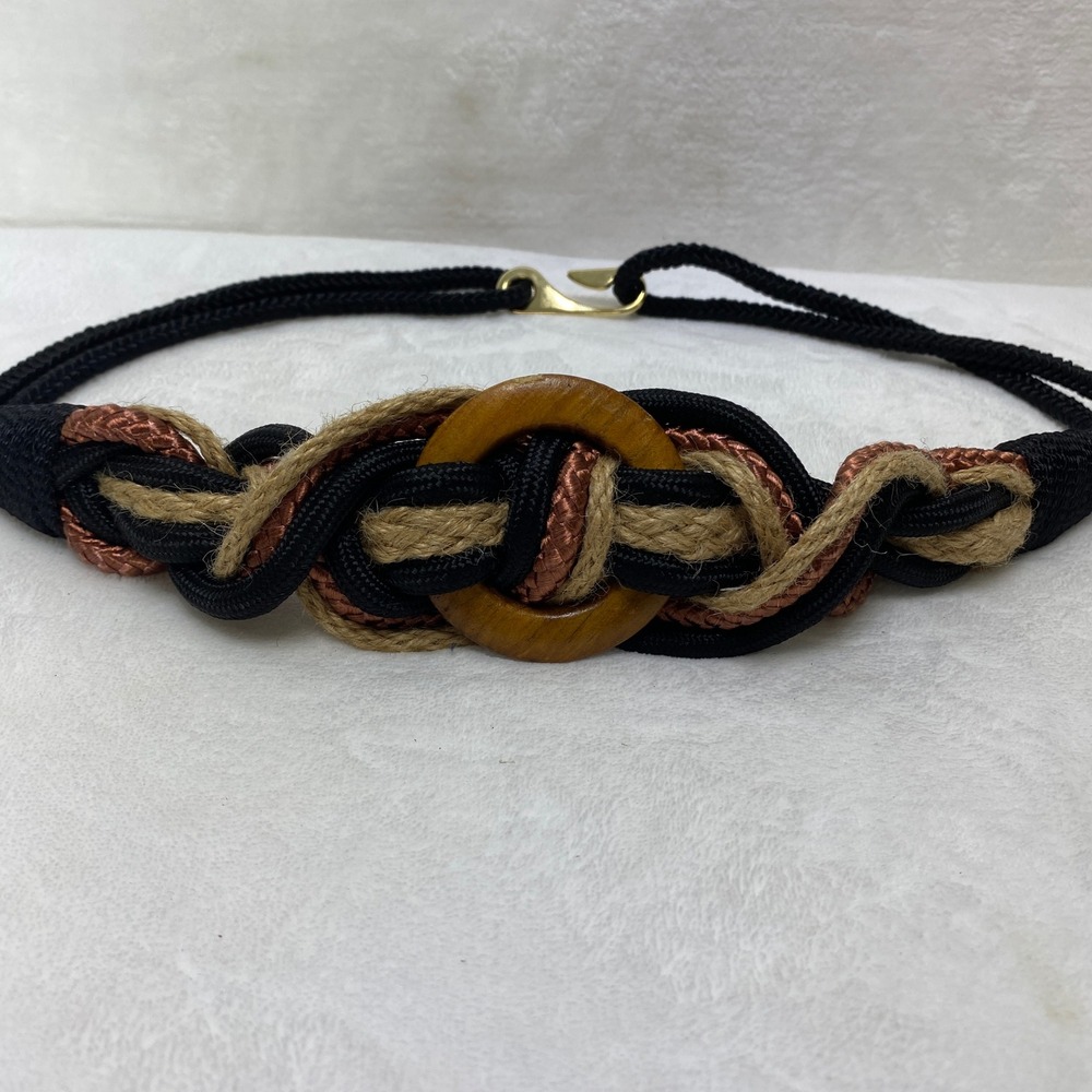 VTG Braided Rope Statement Belt Black Copper Jute Wood Knot Nautical Boho